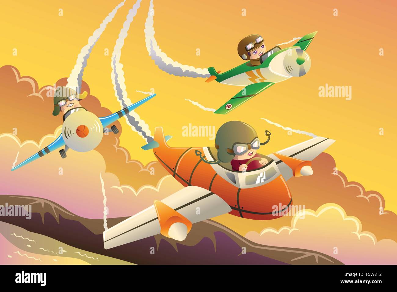 Eine Vektor-Illustration der glückliche Kinder in einem Flugzeug-Rennen Stock Vektor