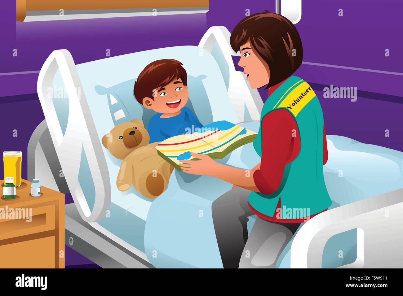 Eine Vektor-Illustration des freiwilligen liest eine Geschichte an die Kinder Krankenhaus Stock Vektor