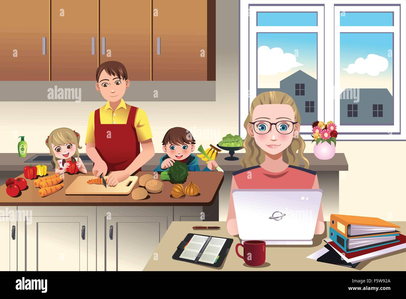 Eine Vektor-Illustration einer modernen Familie der Vater das Abendessen mit seinen Kindern, bereitet während Mama arbeitet Stock Vektor
