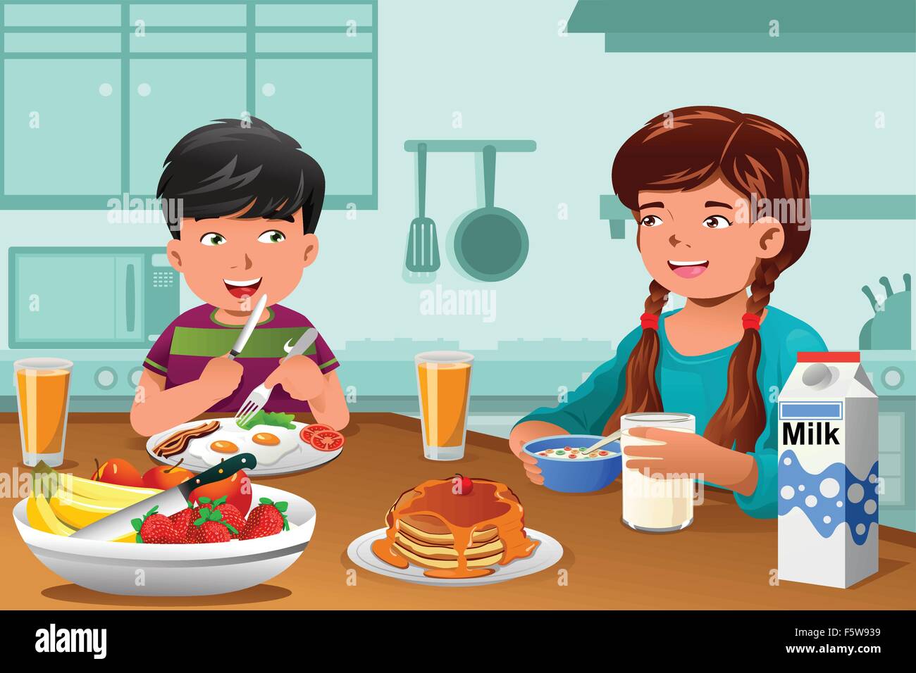 Boy breakfast cartoon illustration -Fotos und -Bildmaterial in hoher