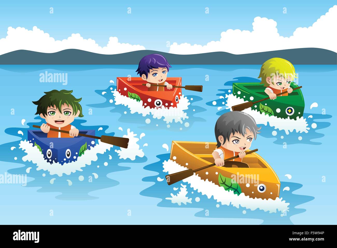 Eine Vektor-Illustration der glückliche Kinder in einem Boot-Rennen Stock Vektor