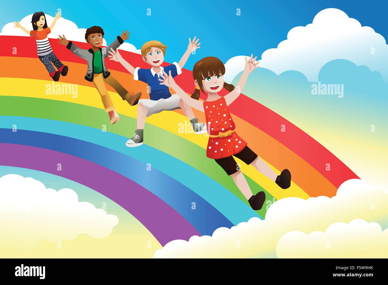 Eine Vektor-Illustration von niedlichen Kinder Abrutschen des Regenbogens Stock Vektor