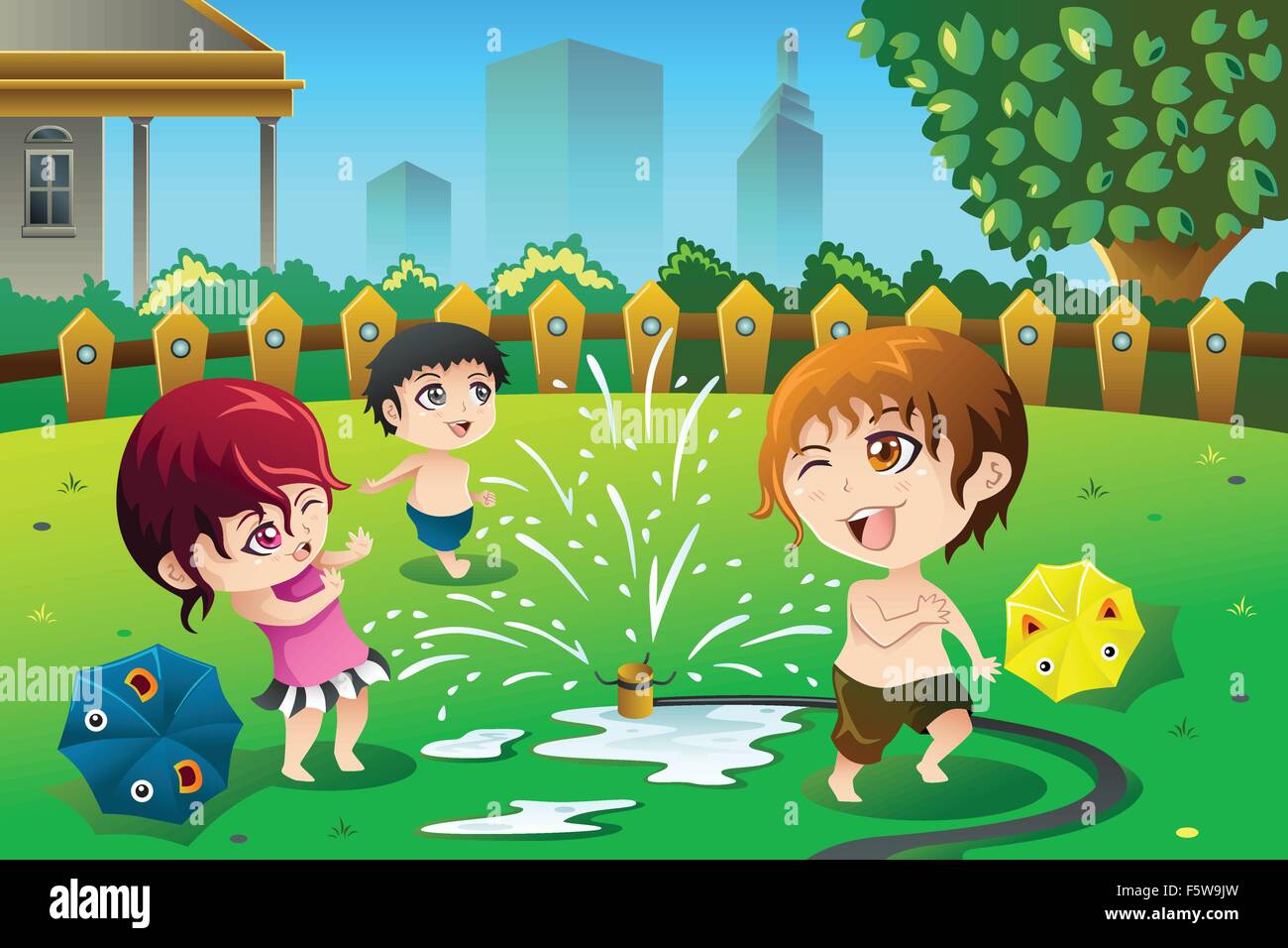 Eine Vektor-Illustration von Kindern spielen mit Sprinkler Wasser im Sommer Stock Vektor