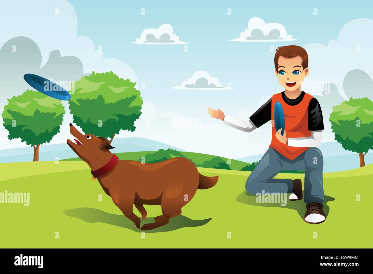 Eine Vektor-Illustration der junge Mann mit seinem Hund im Park Frisbee zu spielen Stock Vektor