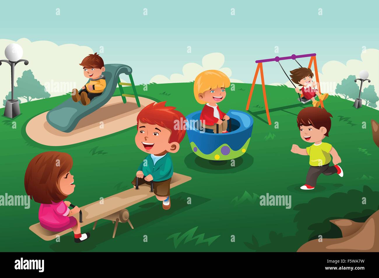 Eine Vektor-Illustration der glückliche Kinder Po im park Stock Vektor