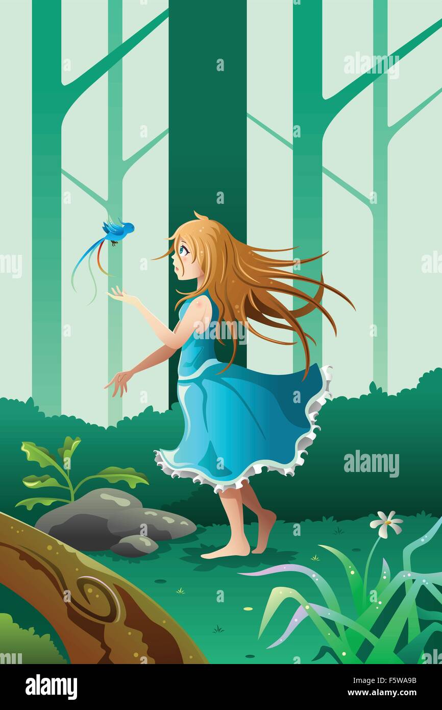 Eine Vektor-Illustration von kleinen Mädchen spielen mit einem Vogel im Wald Stock Vektor