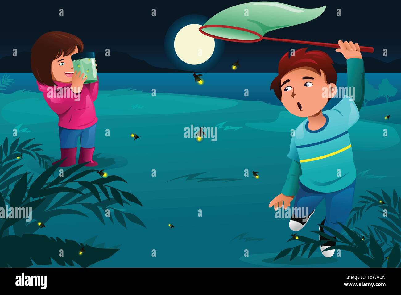Eine Vektor-Illustration der glückliche Kinder fangen Glühwürmchen und steckte sie in ein Glas Stock Vektor