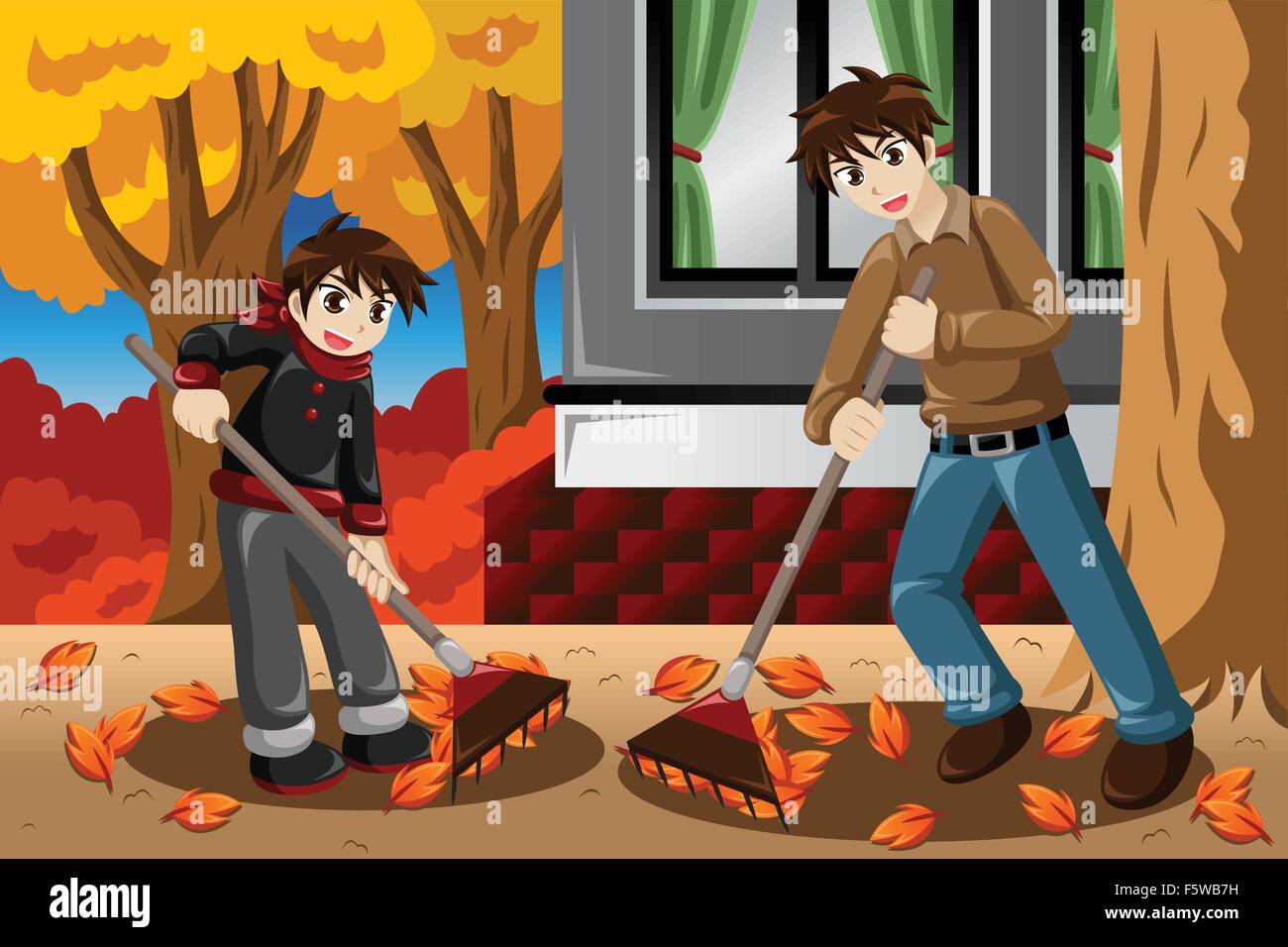 Eine Vektor-Illustration von Vater und Sohn Laubrechen im Garten während der Herbst-Saison Stock Vektor