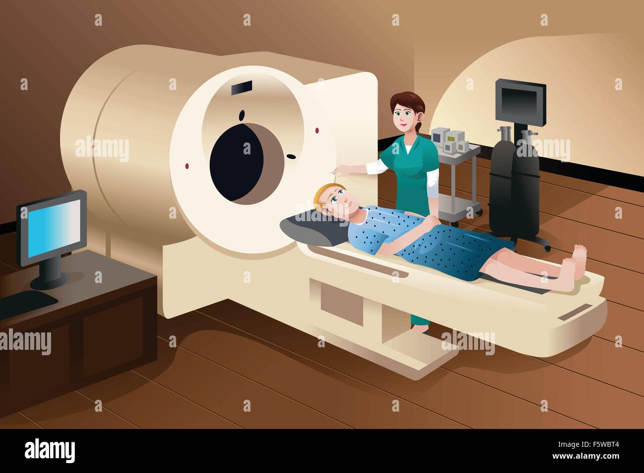 Eine Vektor-Illustration des Patienten auf eine Scan-Maschine mit einer Krankenschwester stehen neben ihm liegend Stock Vektor