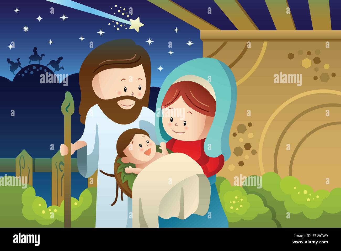 Eine Vektor-Illustration von Joseph, Maria und Jesuskind für Krippe Konzept Stock Vektor