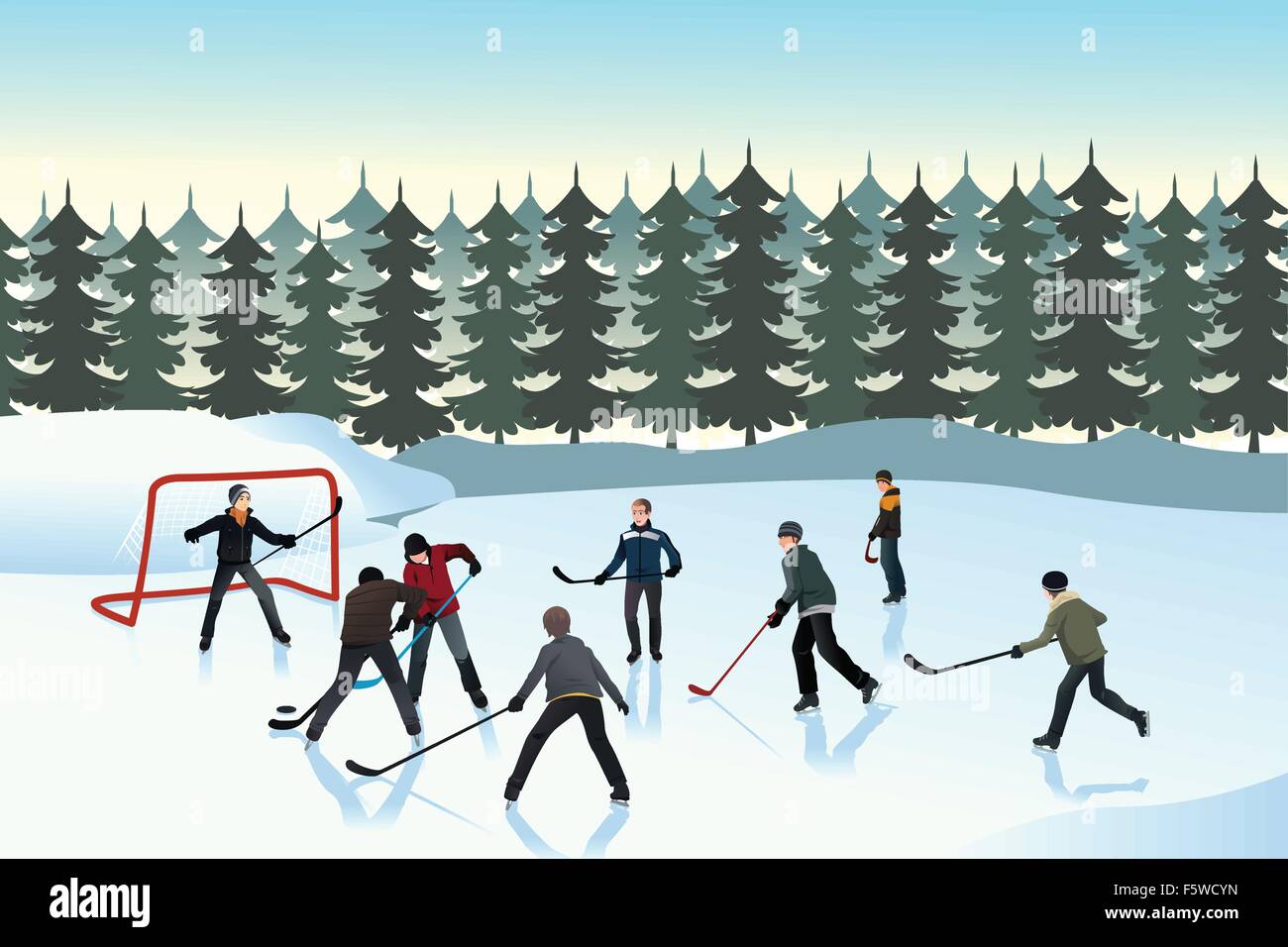 Eine Vektor-Illustration der Männer Eishockey auf eine Outdoor-Eisbahn zu spielen Stock Vektor