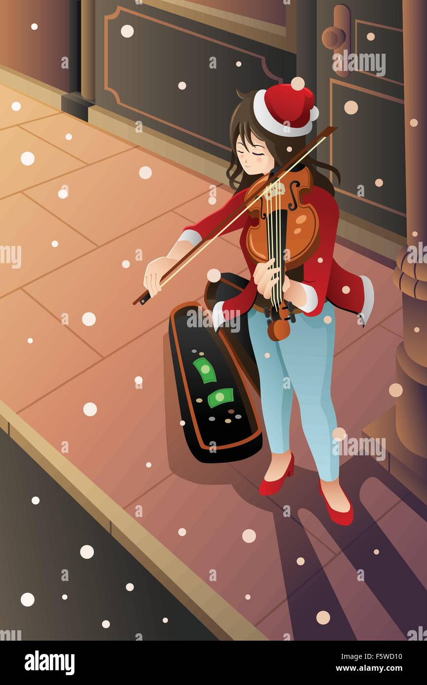 Eine Vektor-Illustration der Straßenmusiker spielt Geige in der Mitte der Winternacht Stock Vektor