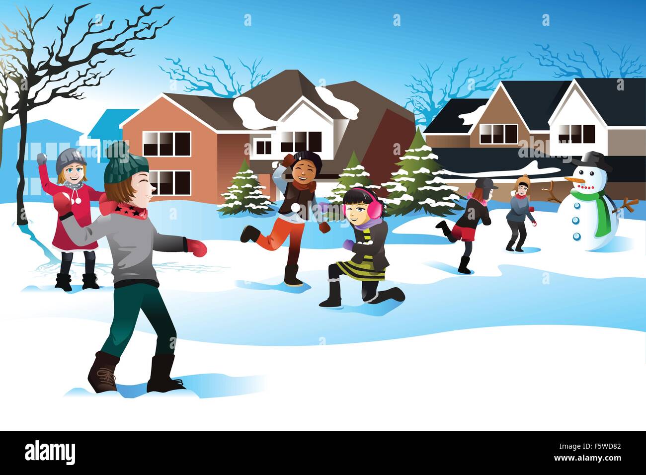 Eine Vektor-Illustration der glückliche Kinder Schnee Ball kämpfen zusammen spielen Stock Vektor
