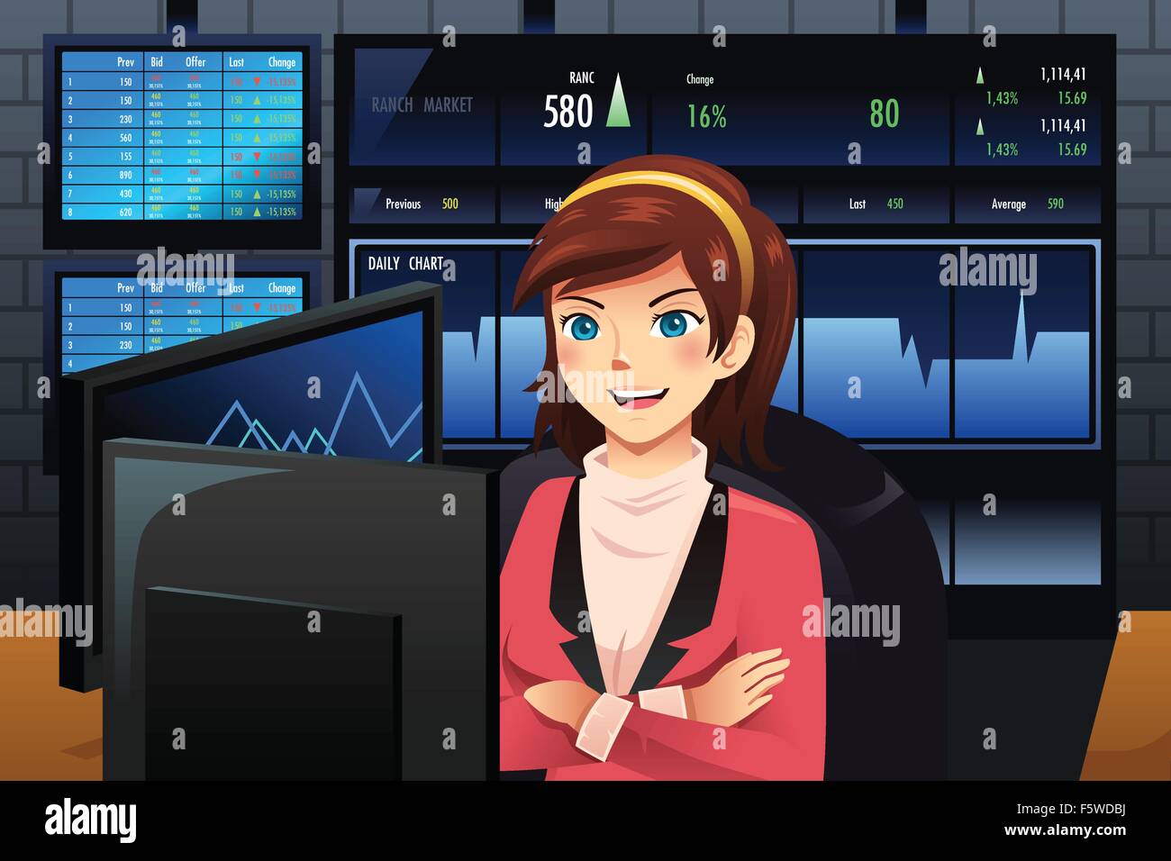 Eine Vektor-Illustration Stock Trader vor mehrere Monitore mit Grafiken Stock Vektor