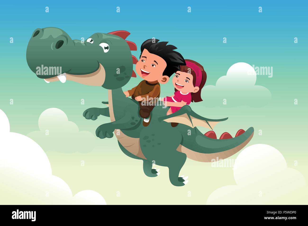 Eine Vektor-Illustration der glückliche Kinder reiten auf einem niedlichen Drachen Stock Vektor