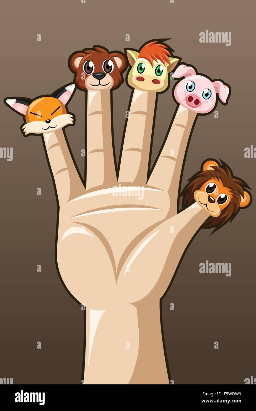 Eine Vektor-Illustration der Marionette Finger mit niedlichen Tieren Stock Vektor