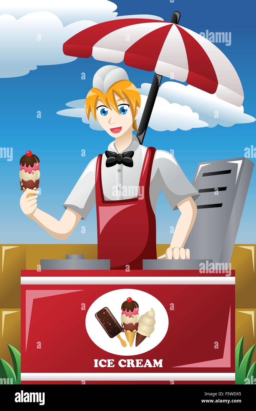 Eine Vektor-Illustration der Mann verkaufte Eis im park Stock Vektor