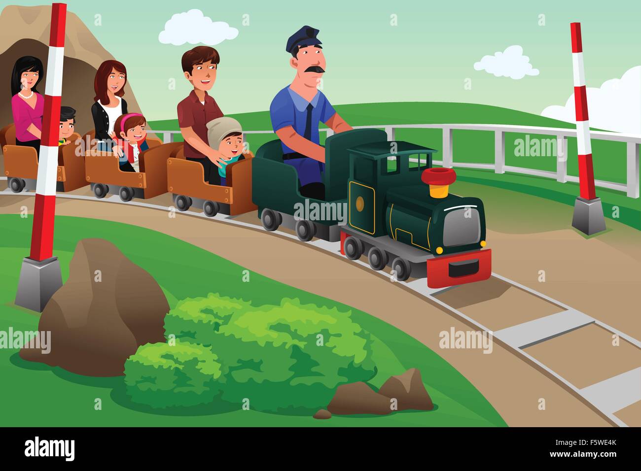 Eine Vektor-Illustration von Kindern und ihren Eltern einen kleinen Zug in einem Vergnügungspark Reiten Stock Vektor