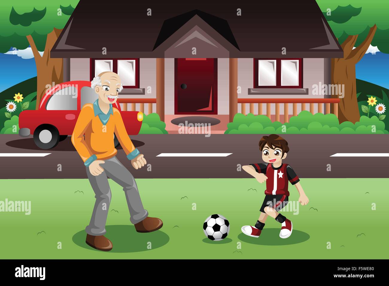 Eine Vektor-Illustration von Opa und Enkel Fußball spielen im Vorgarten Stock Vektor