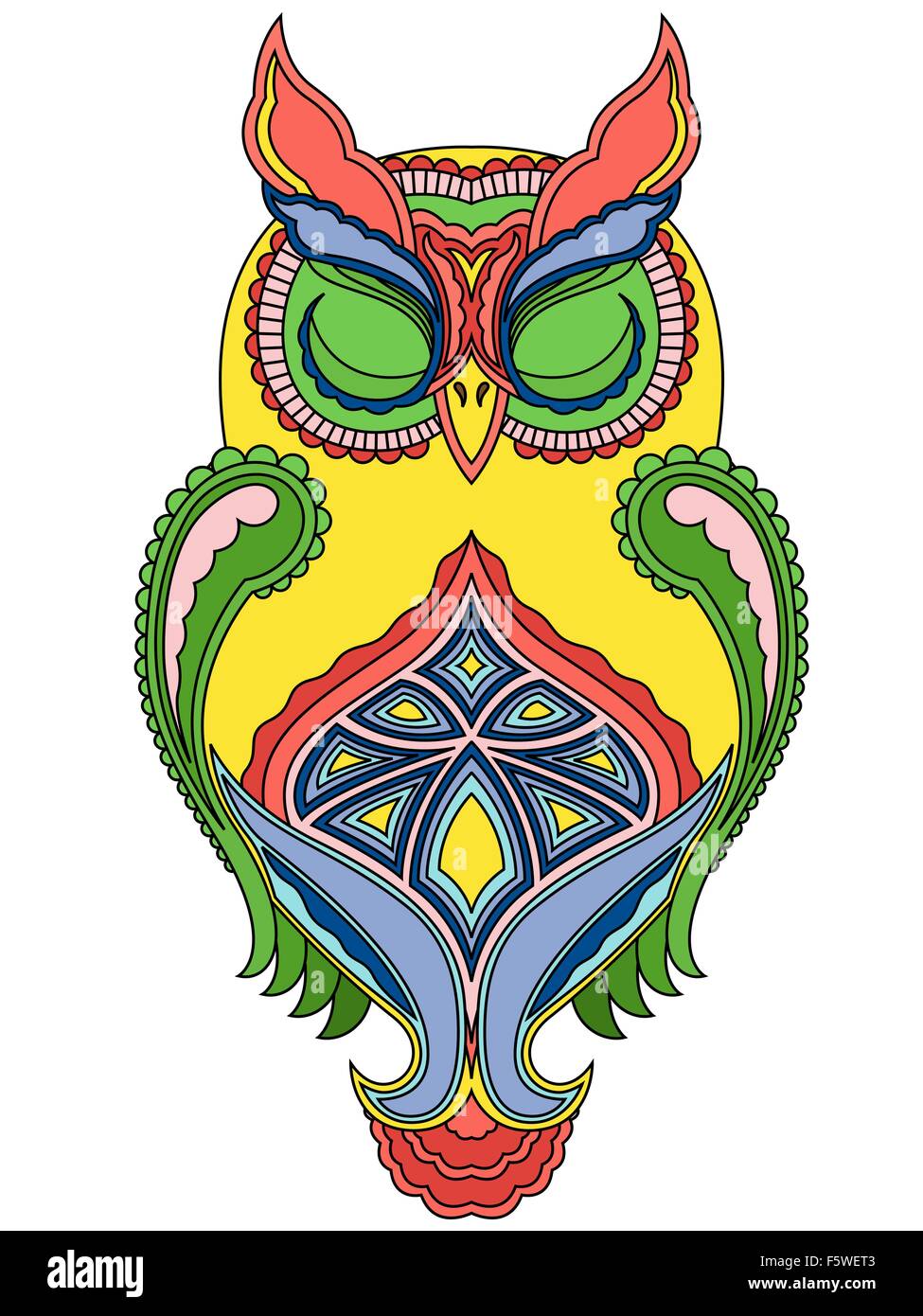 Bunte dekorative große Eule mit enge Augen, Vektor-Illustration mit ethnischen Motiven isoliert auf weißem Hintergrund Stock Vektor Bunte dekorative große Eule mit enge Augen, Vektor-Illustration mit ethnischen Motiven isoliert auf weißem Hintergrund Stock Vektor