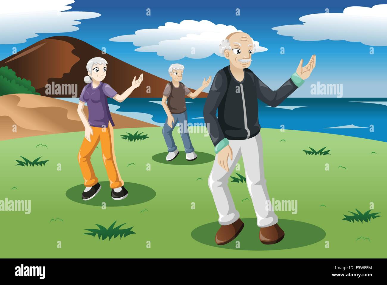 Eine Vektor-Illustration von Senioren, die Ausübung von Tai-Chi im freien Stock Vektor