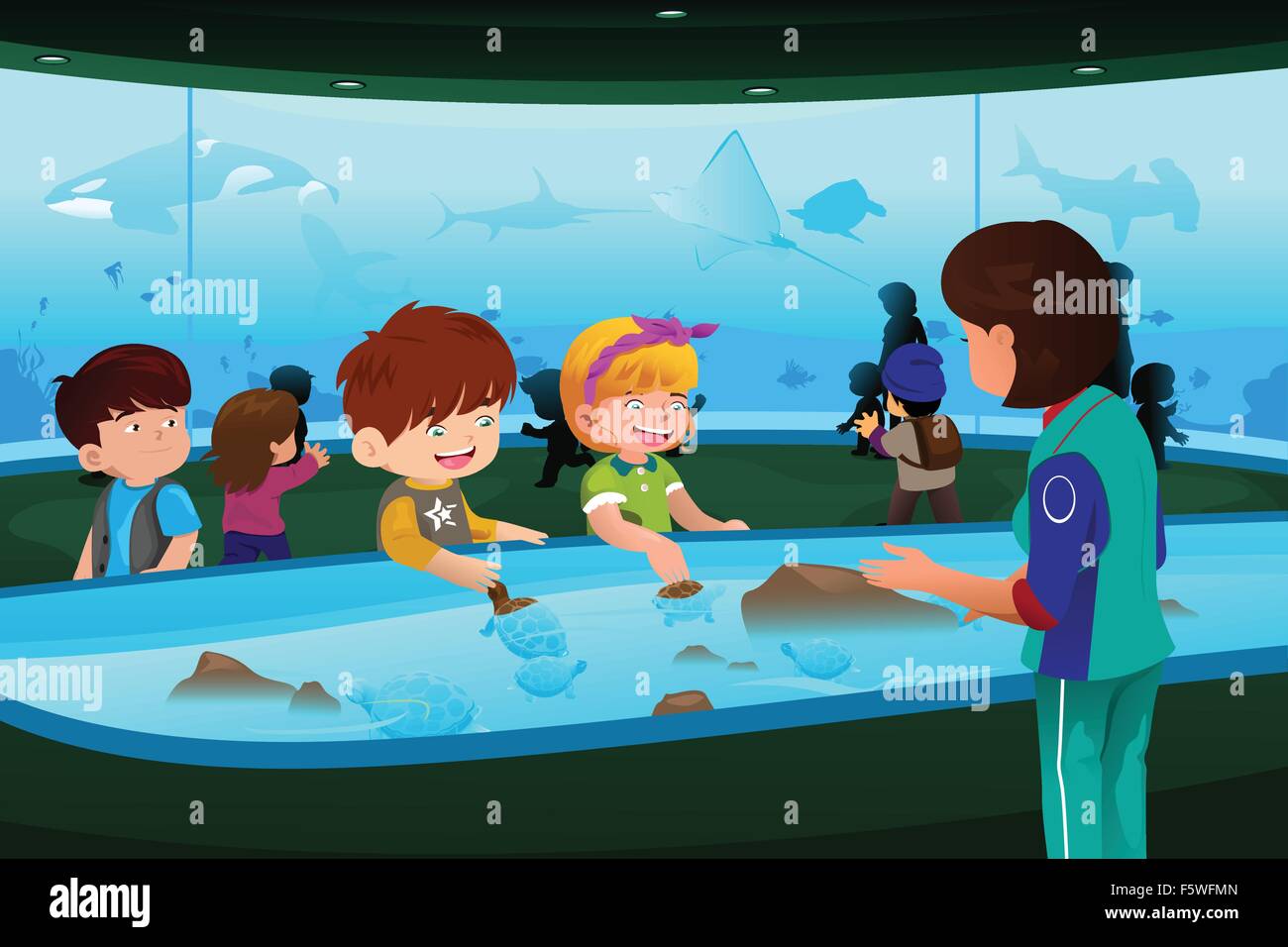 Eine Vektor-Illustration der Kinder gehen auf einem Schulausflug zum aquarium Stock Vektor