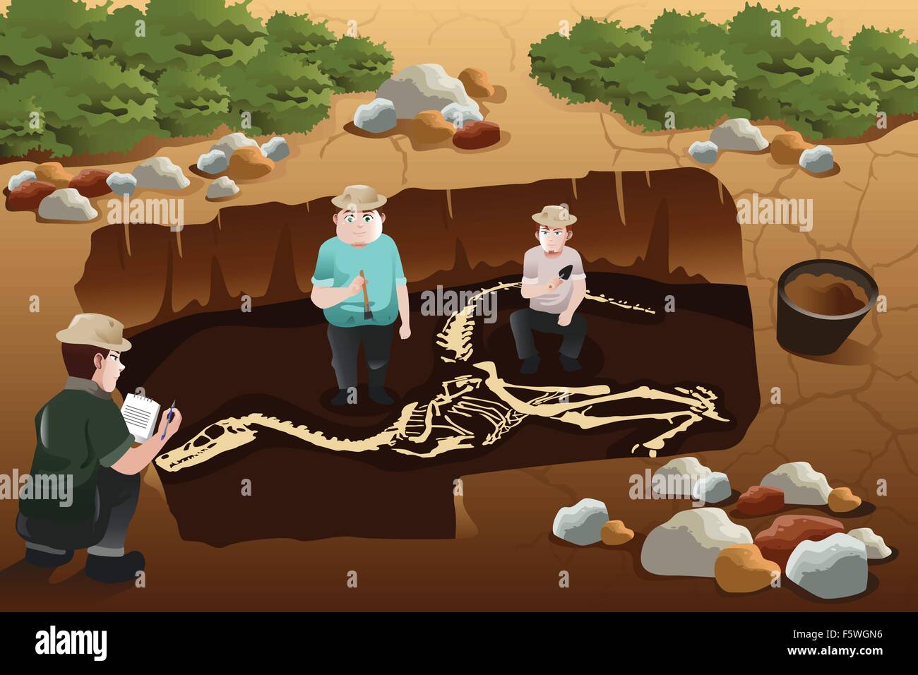 Eine Vektor-Illustration des Archäologen entdecken ein Dinosaurier-fossil Stock Vektor
