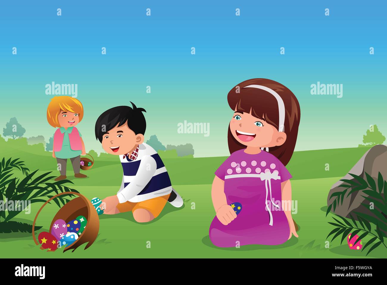 Eine Vektor-Illustration von Ostern zu feiern, indem Sie auf eine Ostereiersuche gehen Kinder Stock Vektor