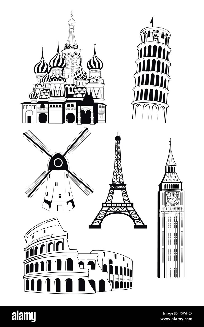 Eine Vektor-Illustration der europäischen Reiseziele in Tinte Stil Stock Vektor