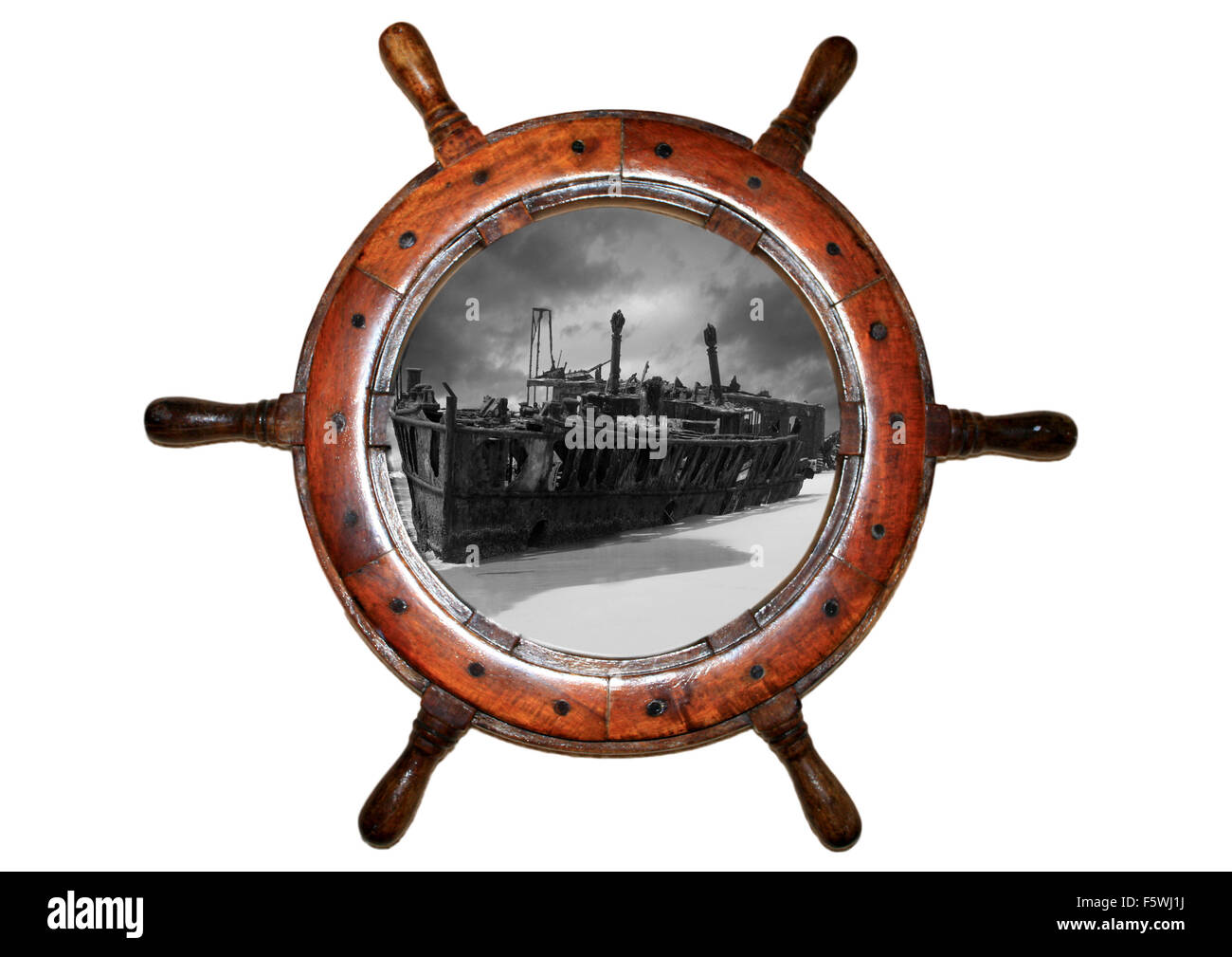 Boot-Rad mit Schiffswrack innen auf weißem Hintergrund Stockfoto