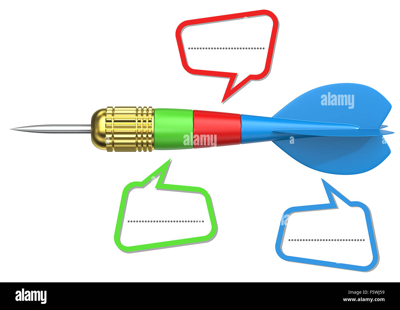 Dart Pfeil symbolisiert drei-Stufen-Rakete. Leere Dialogfelder für Textfreiraum. Stockfoto