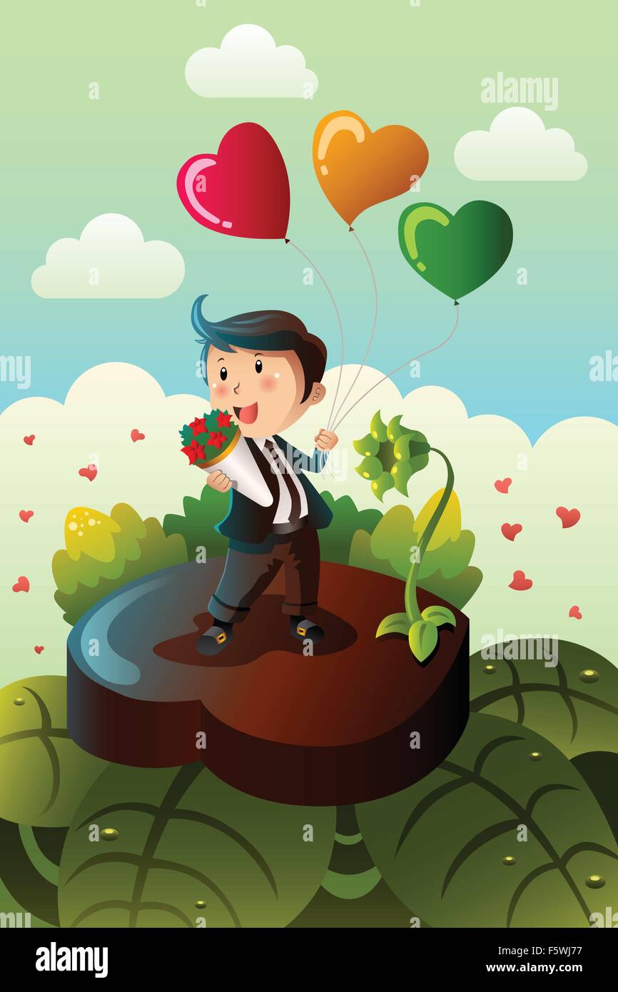 Eine Vektor-Illustration von Mann mit Herz geformten Ballons und Strauß roter Rosen zum Valentinstag Stock Vektor