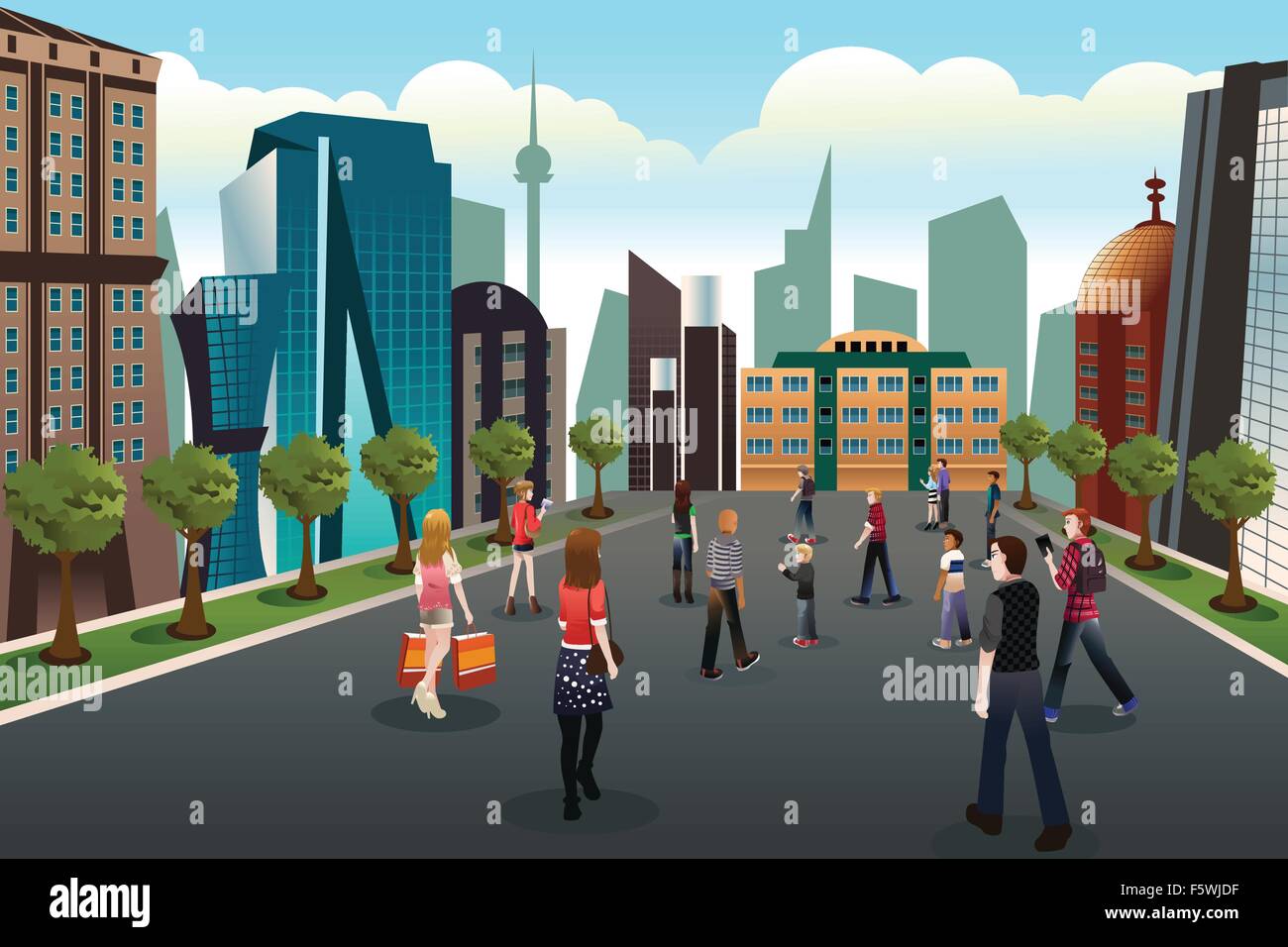 Eine Vektor-Illustration von Menschen zu Fuß außerhalb in Richtung Hochhäuser Stock Vektor