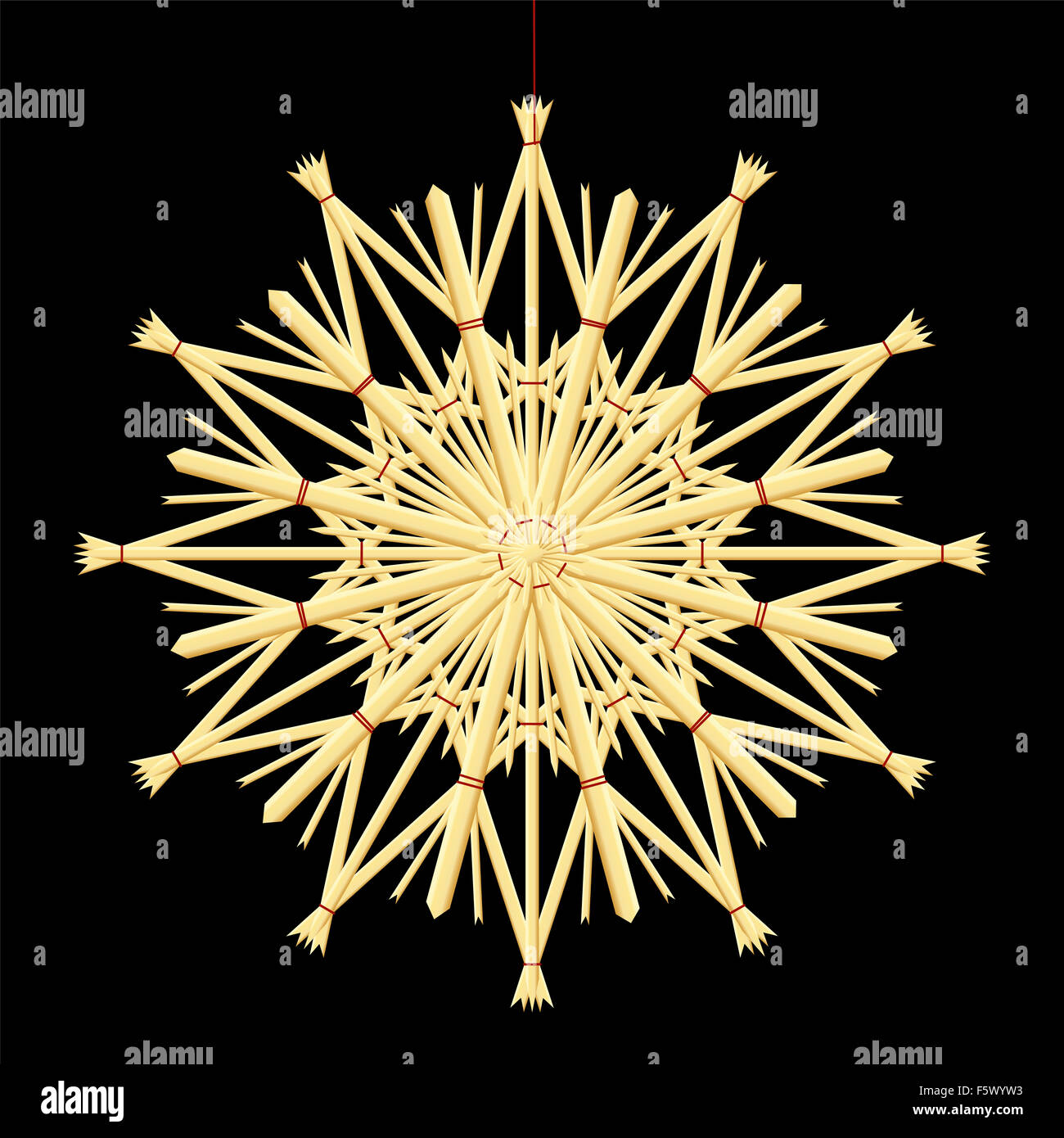 Stroh Star - rustikale Weihnachtsbaum Handwerk. Darstellung auf schwarzem Hintergrund. Stockfoto