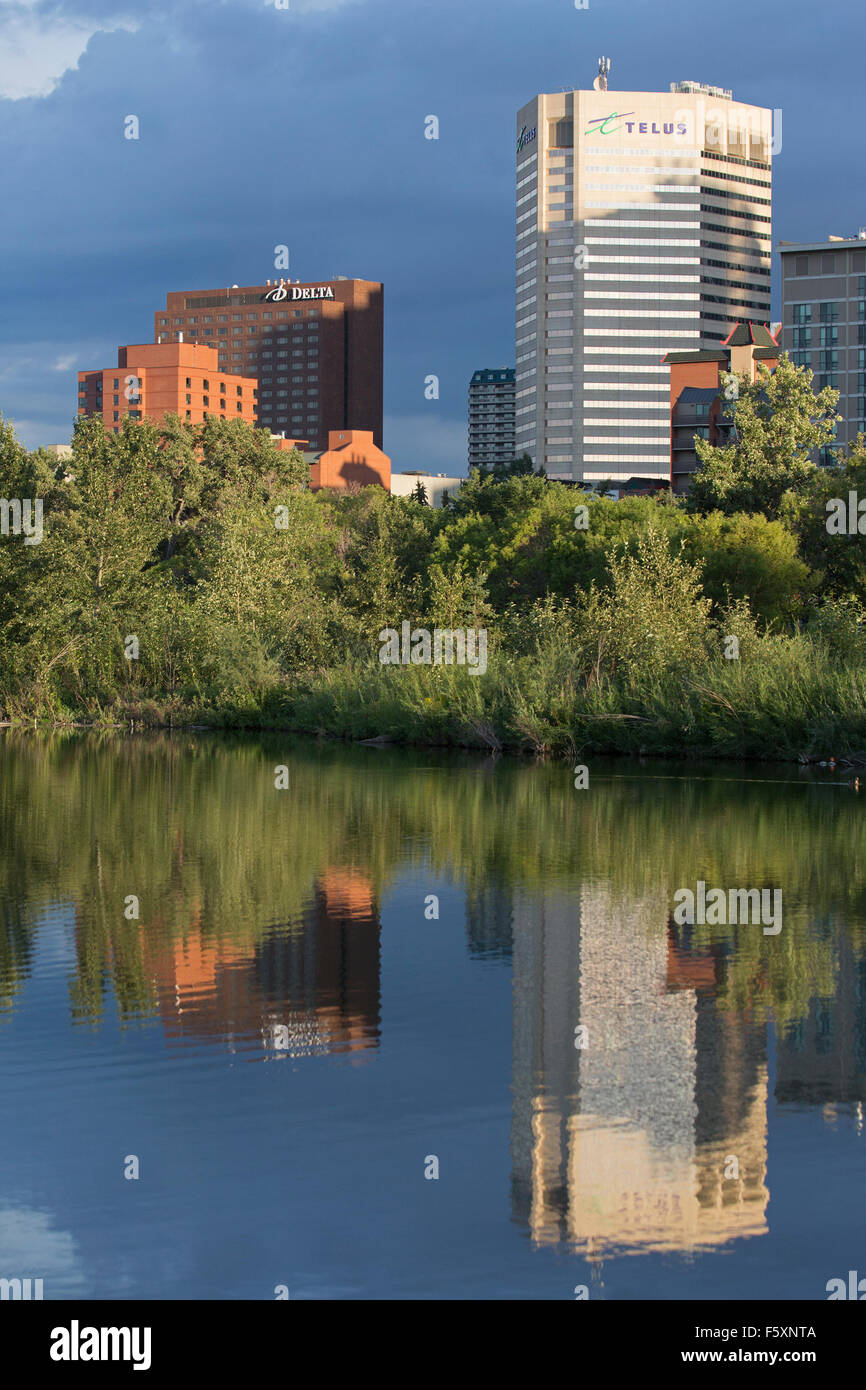 Reflexionen von Gebäuden im Zentrum von Calgary im Teich eines Parks auf Prince's Island im Bow River Stockfoto