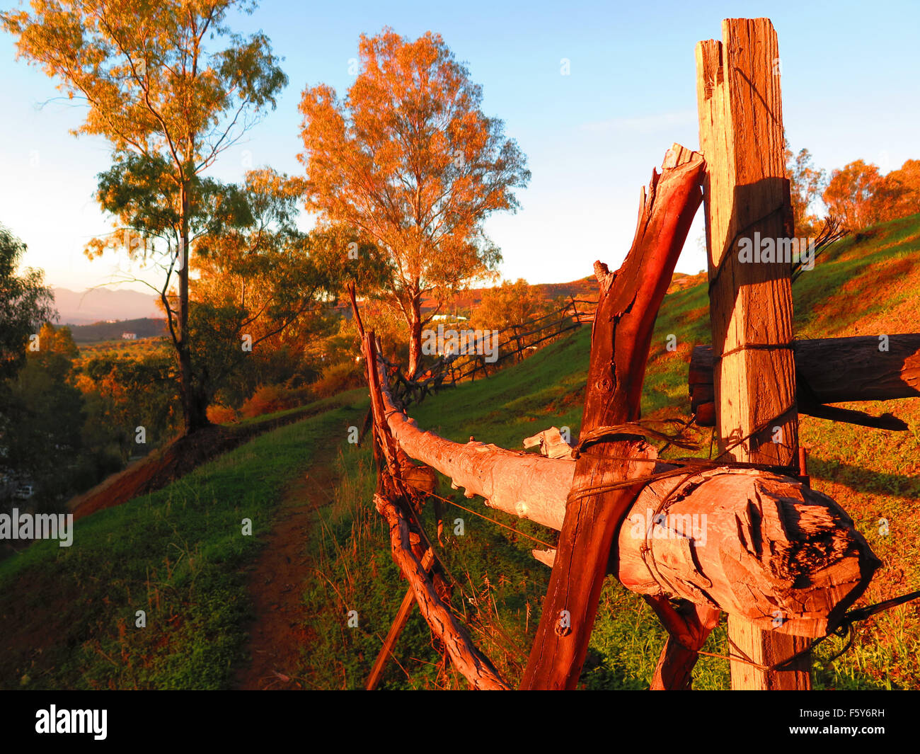 Ländliche rustikalen Zäunen auf hügeligen Gebiet in der Nähe von Alora, Andalusien Stockfoto