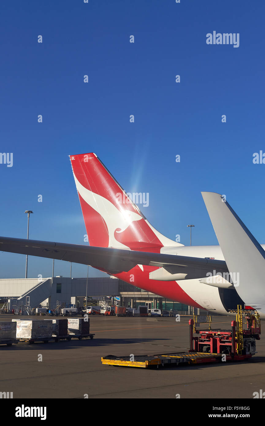 Rute ein Qantas Boeing 737-800 am heimischen Flughafen Brisbane. Stockfoto