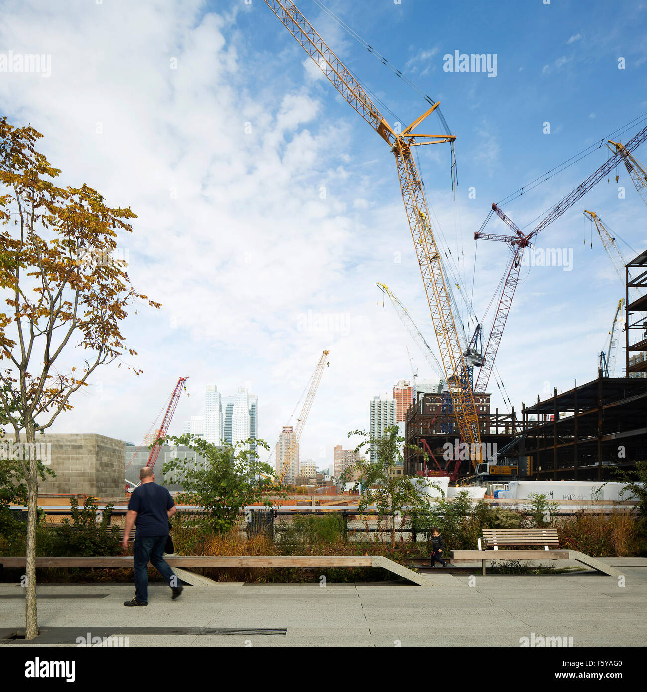 Ansicht der High Line und Kräne im Hintergrund. Die High Line 3. Phase, Manhatten, Vereinigte Staaten von Amerika. Architekt: Diller Scofidio and Re Stockfoto