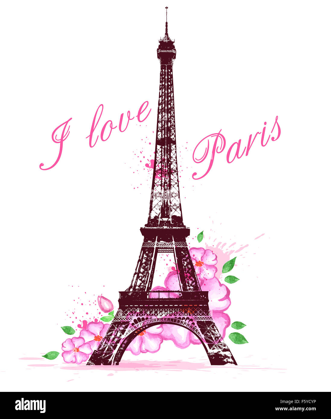 Romantischen Hintergrund mit rosa Aquarell Blumen und Eiffelturm Stockfoto