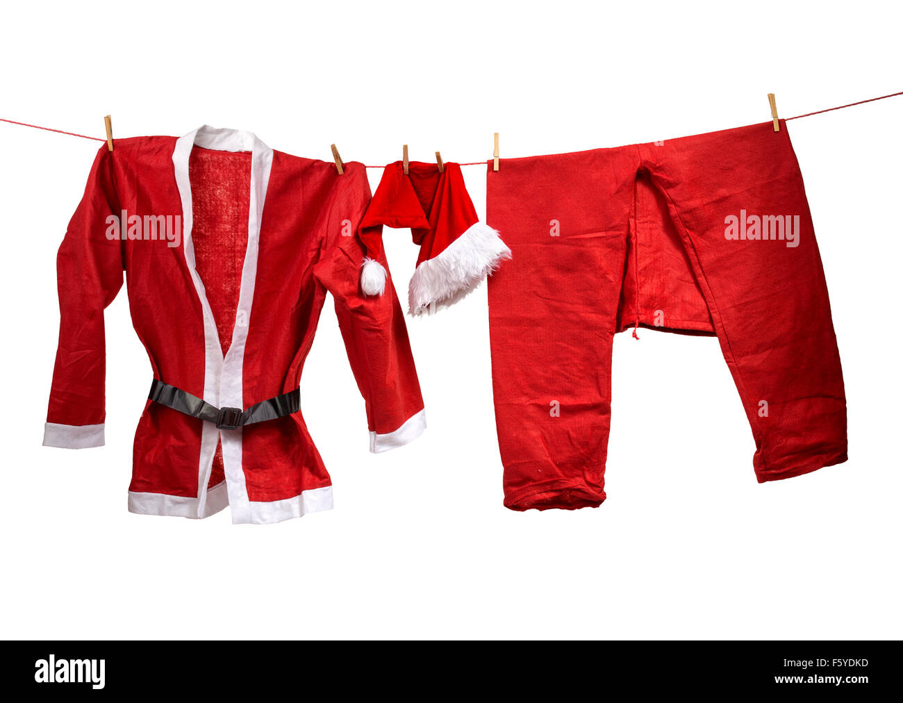 Der Weihnachtsmann-Kleidung auf der Wäscheleine Stockfoto
