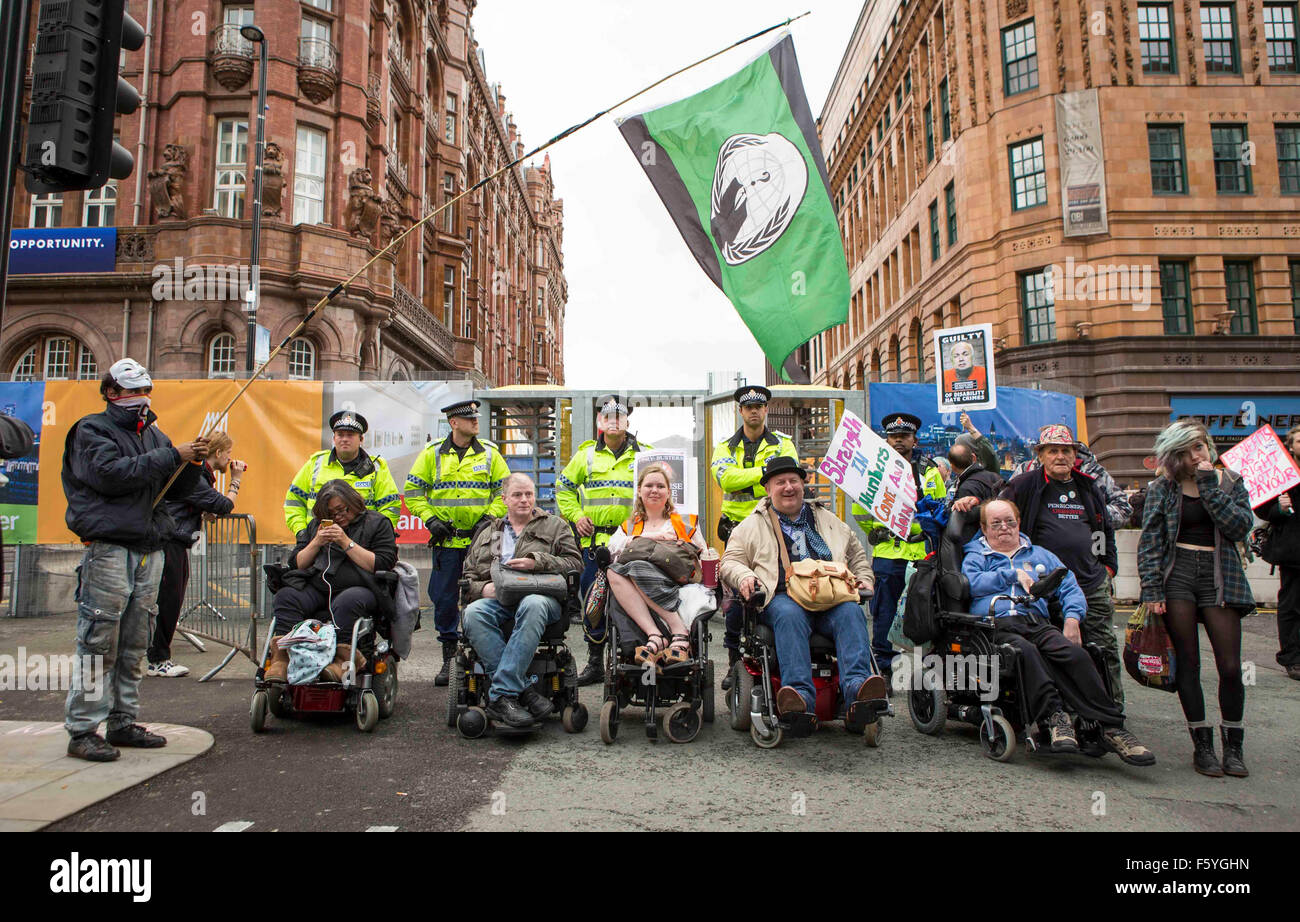 Der Parteitag der konservativen 2015. Disablity Rechte Demonstranten Stockfoto