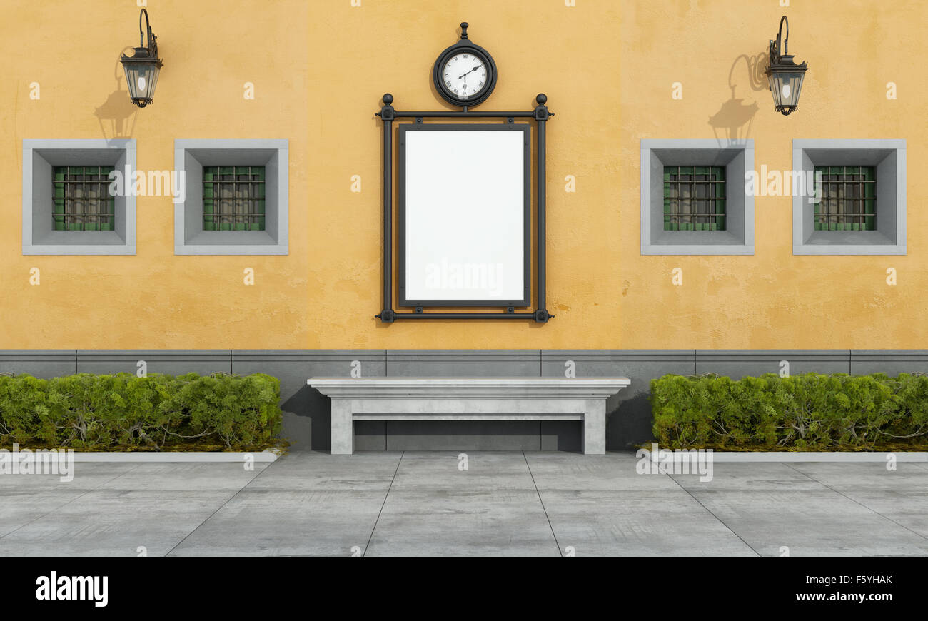 Alte Fassade mit Straße Billboard im klassischen Stil und Steinbank - 3D Rendering Stockfoto
