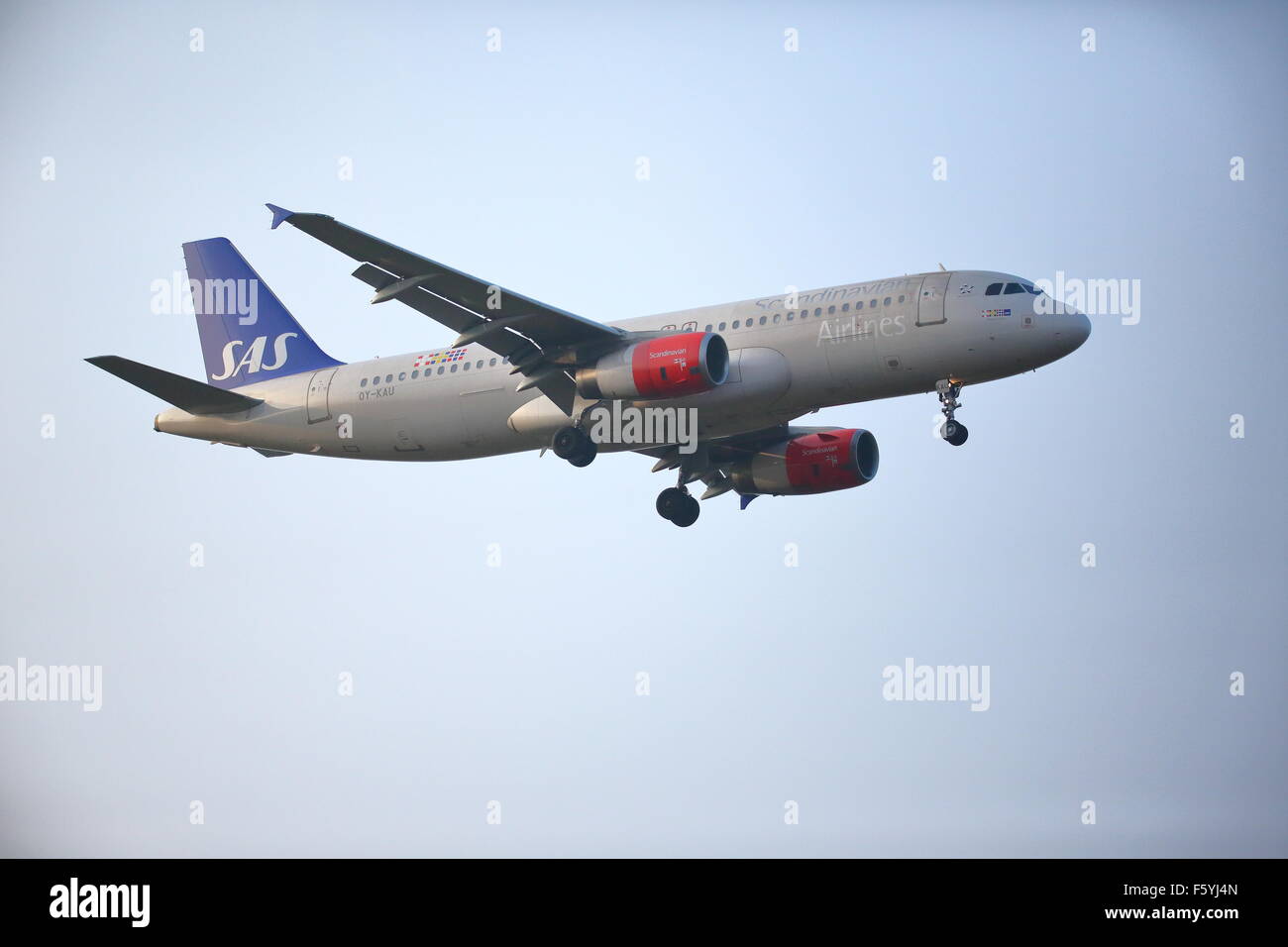 Scandinavian Airlines Airbus A320-232 OY-KAU landet auf dem Flughafen Heathrow Stockfoto