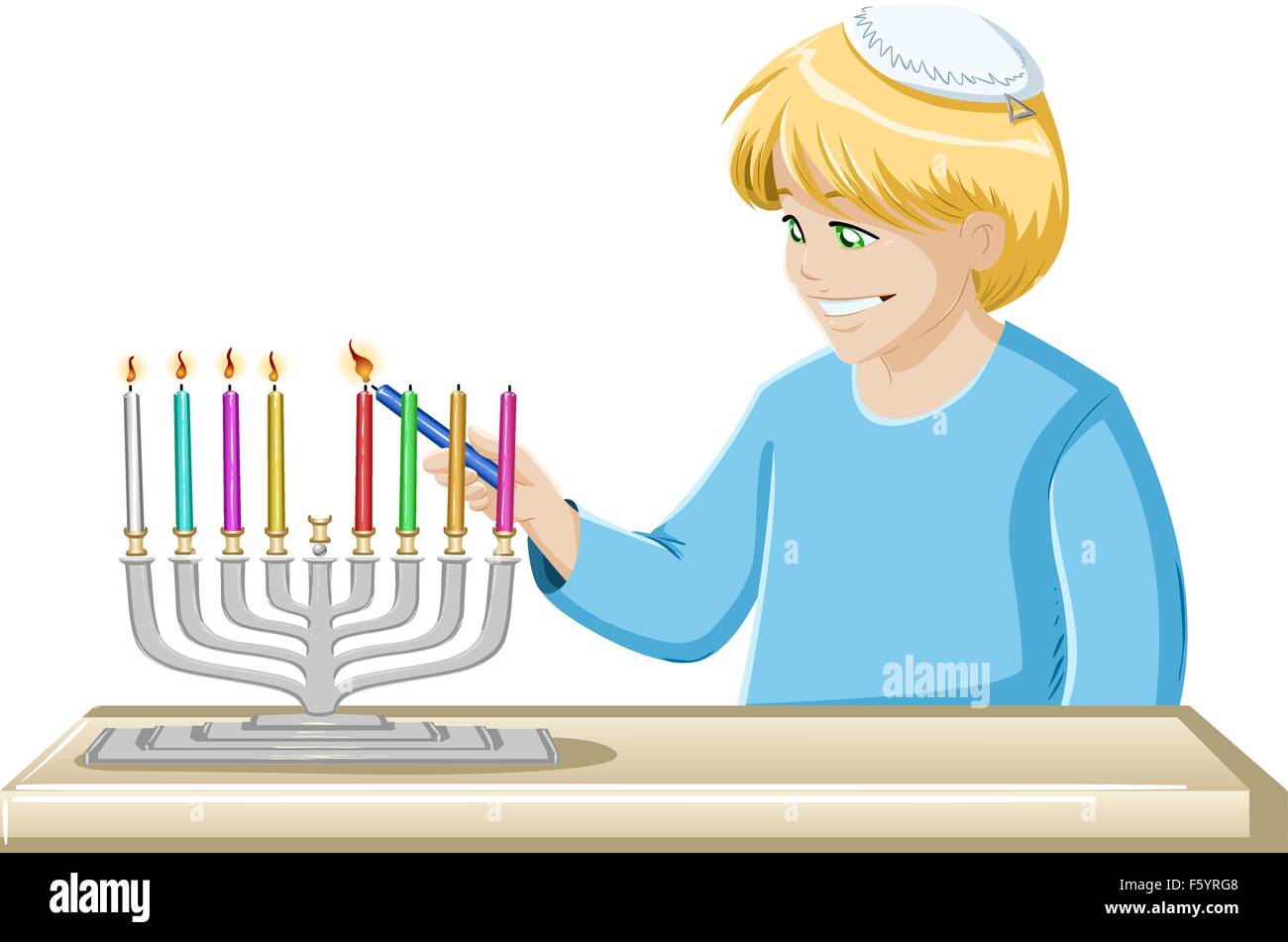 Ein Vektor-Illustrationen eines jüdischen Jungen Hanukkia Kerzen für Chanukka. Stock Vektor