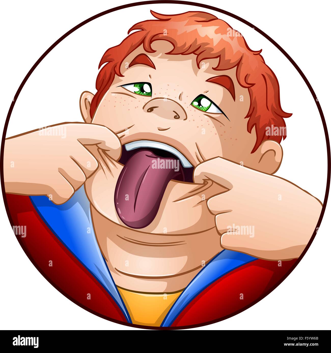 Eine Vektor-Illustration eines roten geleitet Kind hält seinen Mund öffnen und unter seiner Zunge. Stock Vektor