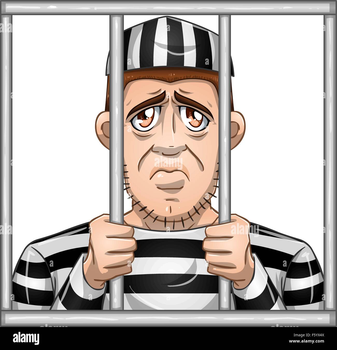 Eine Vektor-Illustration eines traurig Gefangenen im Gefängnis hinter Schloss und Riegel gesperrt. Stock Vektor