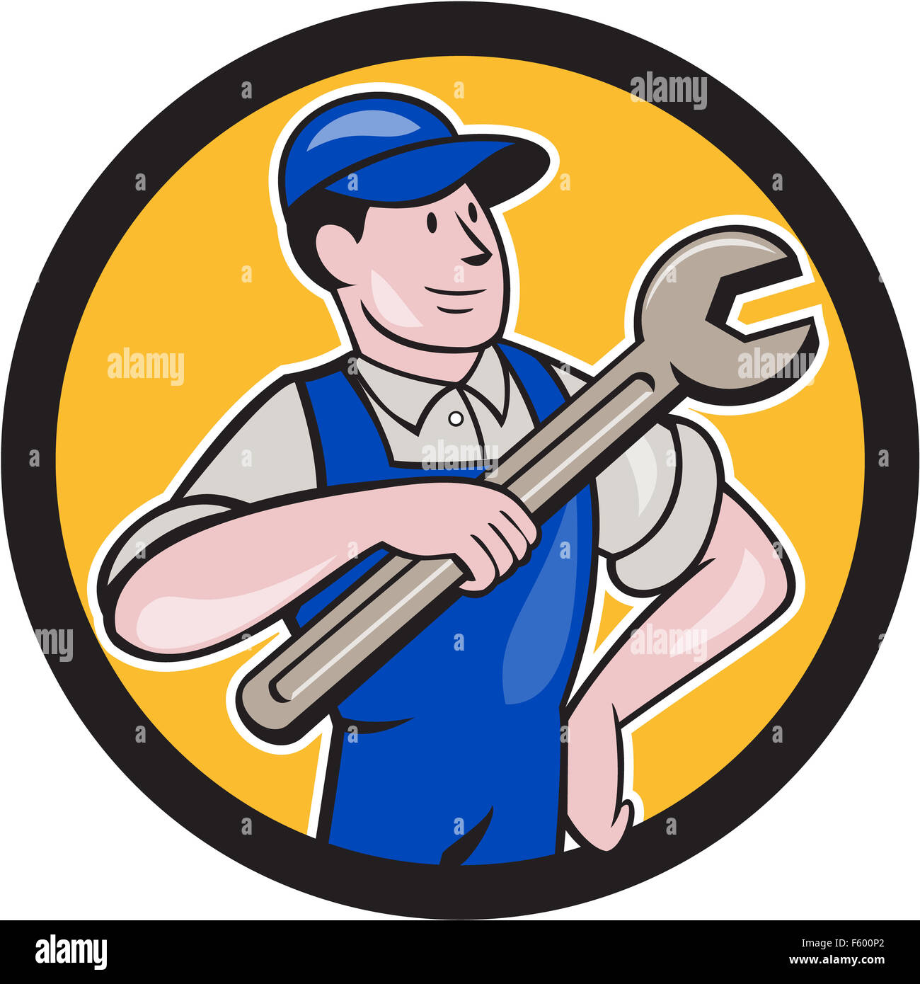 Abbildung eines Mechanikers mit der Hand auf den Hüften zeigen Spanner Schraubenschlüssel Blick auf die Seite legen im inneren Kreis auf isolierte Hintergrund getan im Cartoon-Stil. Stockfoto