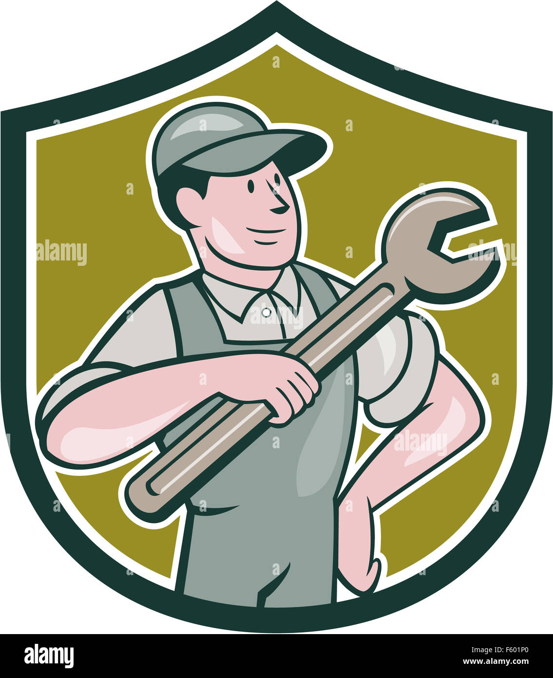 Abbildung eines Mechanikers mit der Hand auf den Hüften zeigen Spanner Schraubenschlüssel Blick auf die Seite legen innen Schild Wappen auf isolierte Hintergrund getan im Cartoon-Stil. Stockfoto