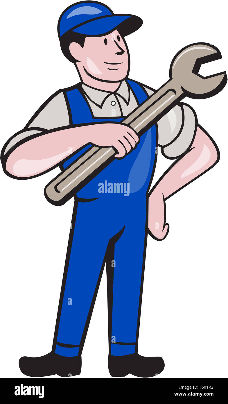 Abbildung eines Mechanikers mit Hand auf Hüften stehen zeigenden Schraubenschlüssel Schraubenschlüssel Blick auf die Seite setzen auf isolierten weißen Hintergrund im Cartoon-Stil gemacht. Stockfoto
