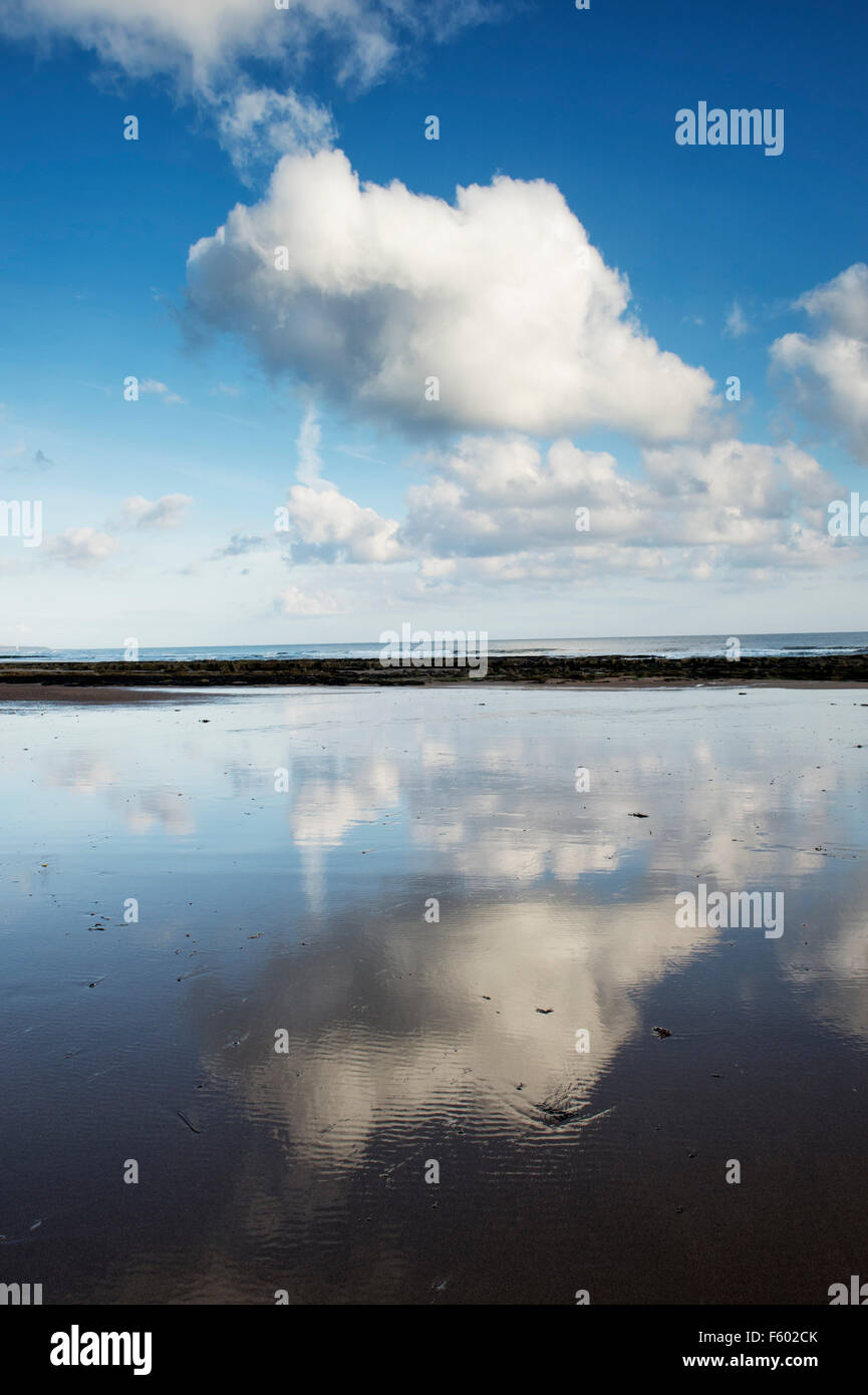 Meer und bewölktem Himmel Reflexionen am Strand. Scremerston, Berwick nach Tweed, Northumberland, England. Stockfoto